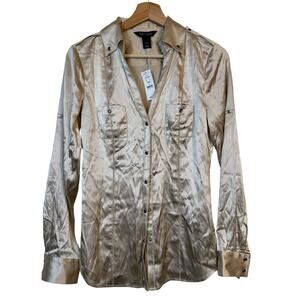 White House Black Market Satin Silk blend Button Up Shirt size 4 Gold NWT